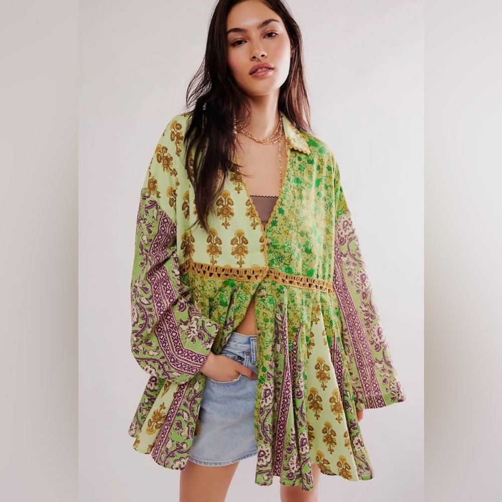 New Free People x Anthropologie Hazy Baby Printed Mini Dress Gown sz M